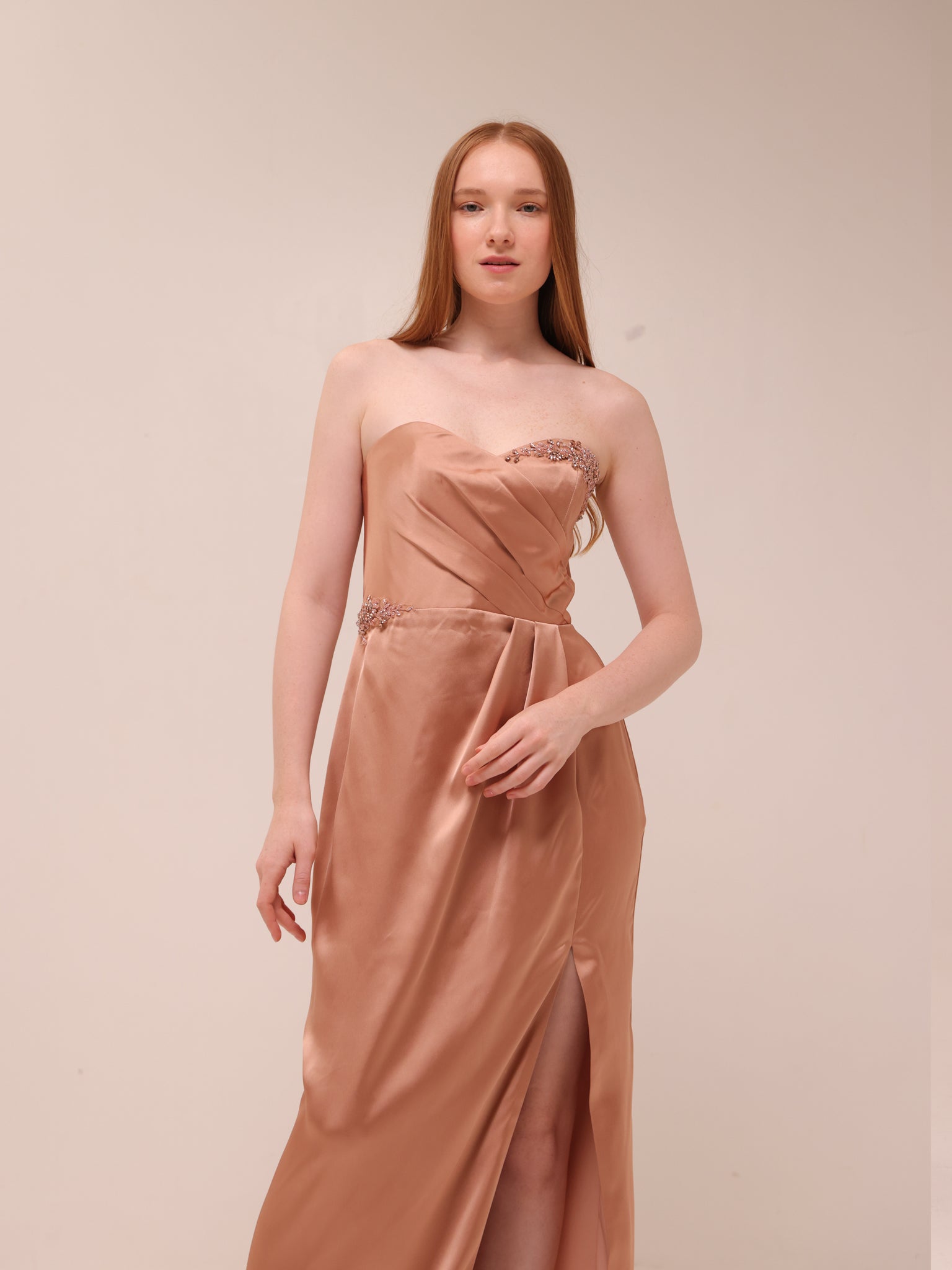 Satin Embellished Strapless Gown