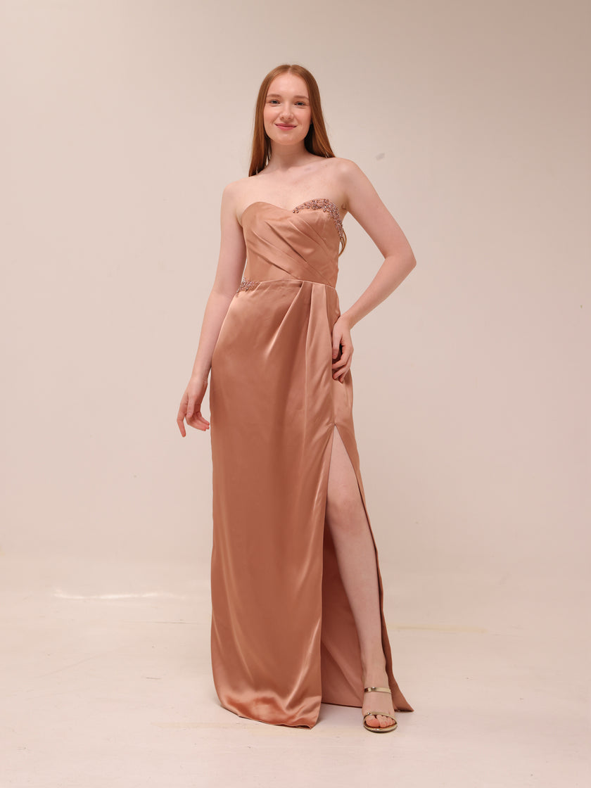 Satin Embellished Strapless Gown