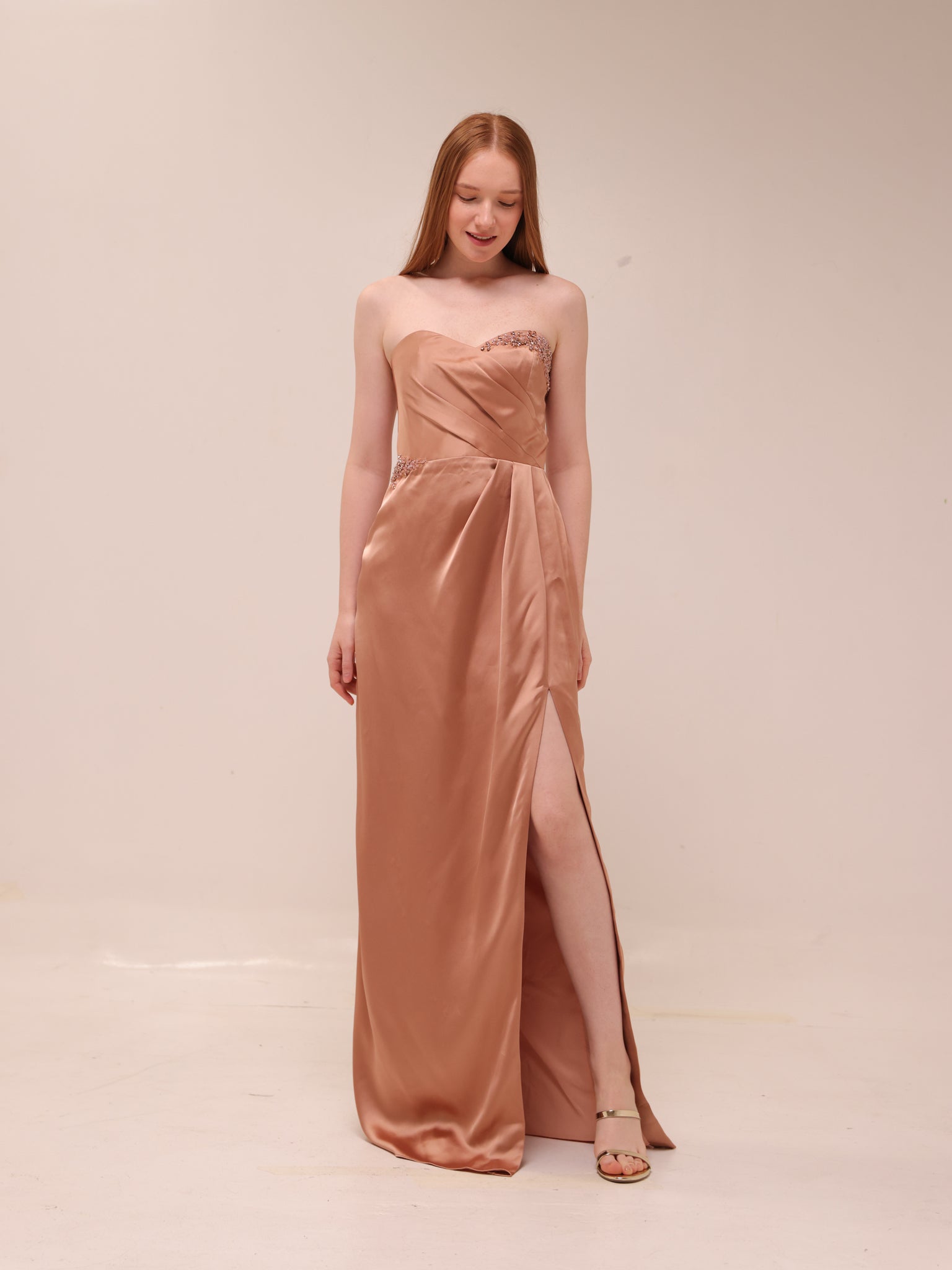 Satin Embellished Strapless Gown