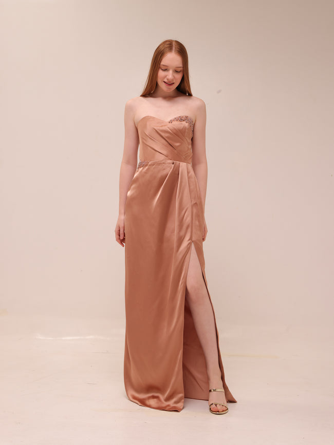 Satin Embellished Strapless Gown
