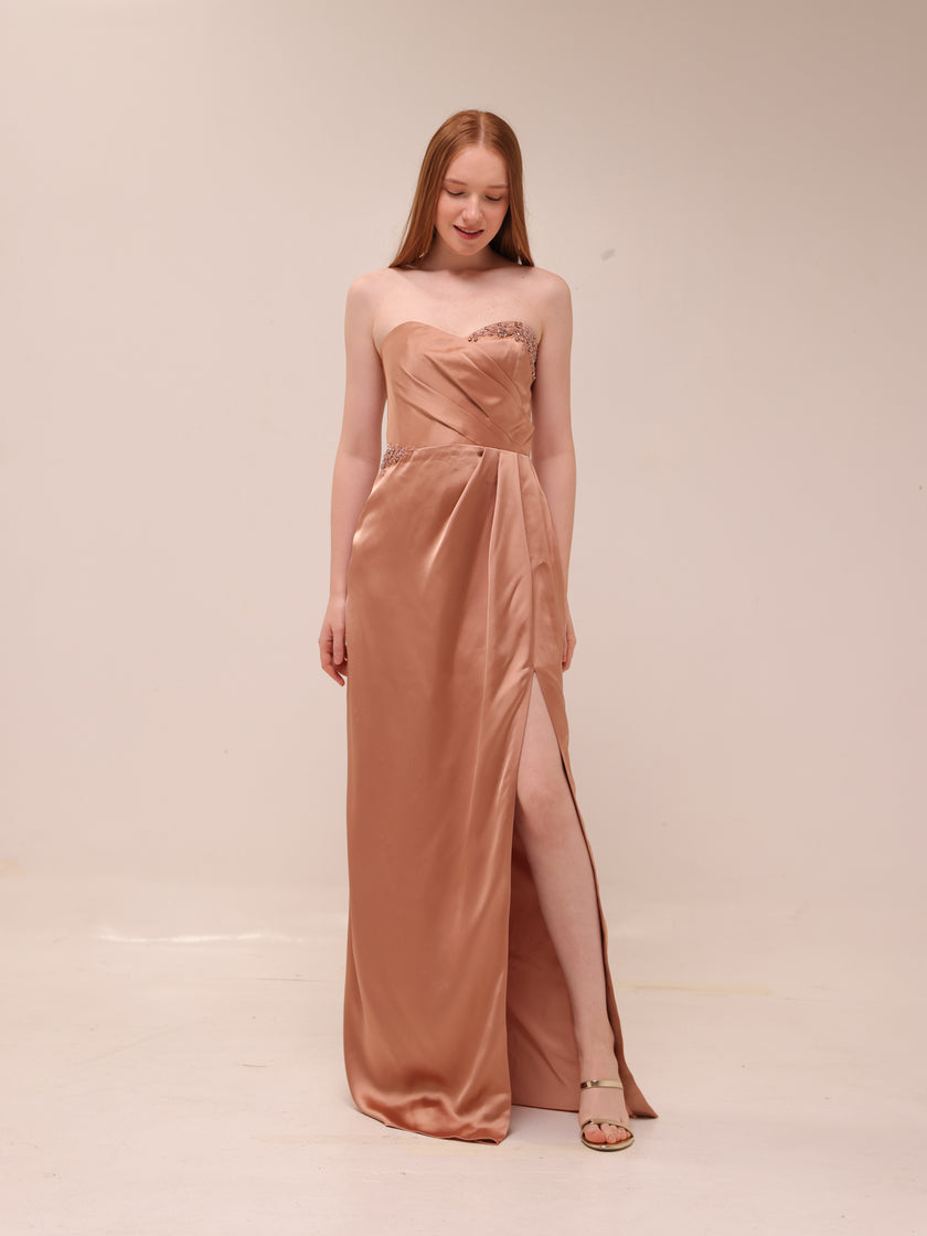 Satin Embellished Strapless Gown