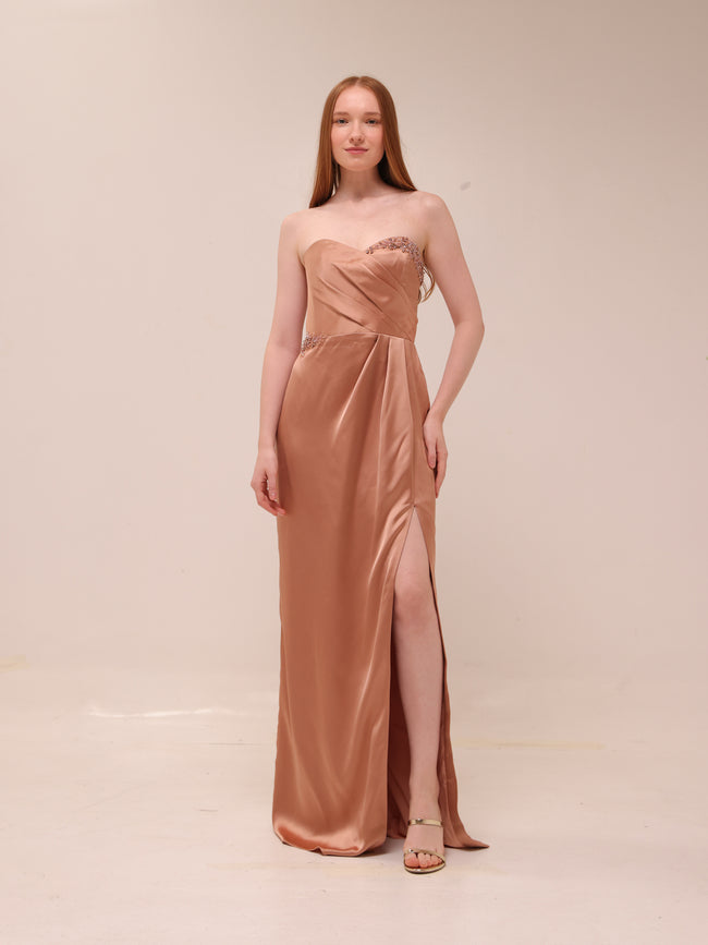 Satin Embellished Strapless Gown