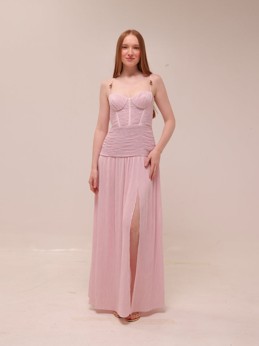Double Time Pleat Dress in Hydrangea
