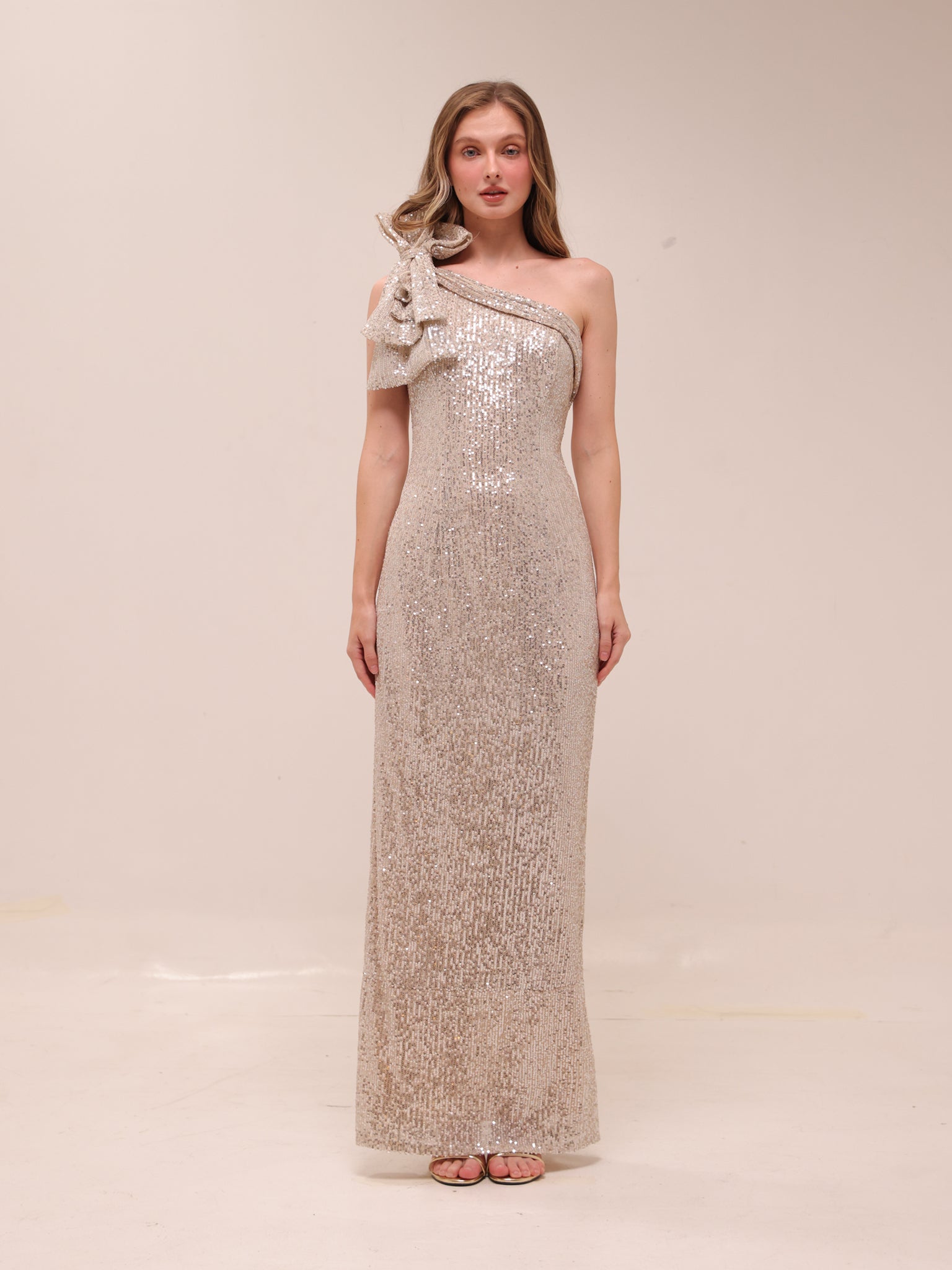 Sequined Bow One Shoulder Gown