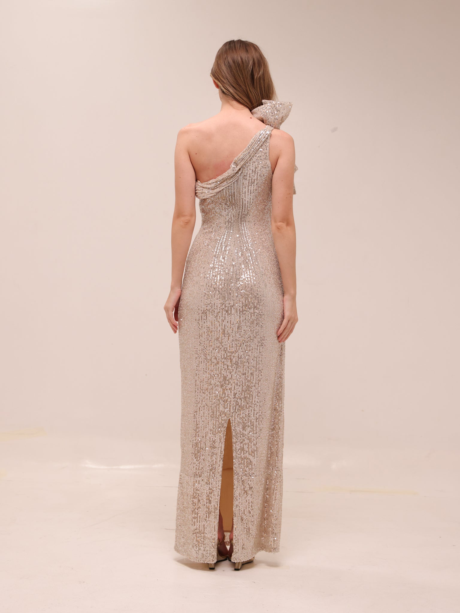 Sequined Bow One Shoulder Gown