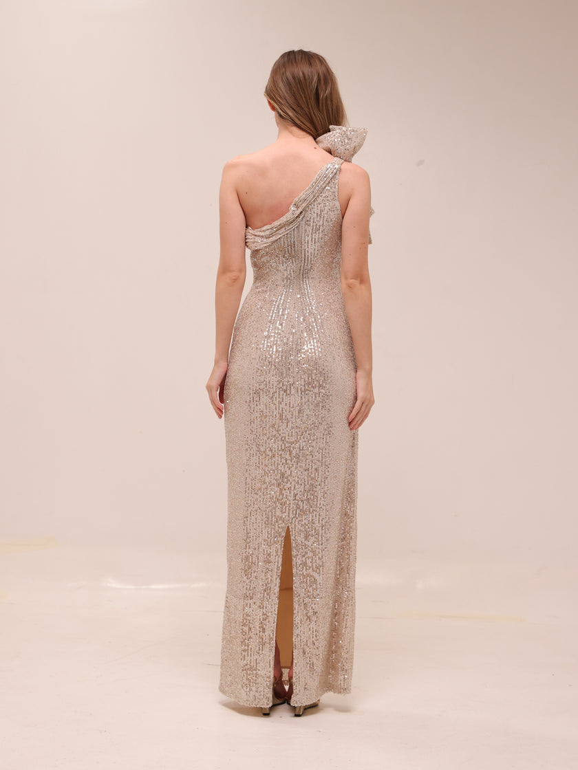 Sequined Bow One Shoulder Gown