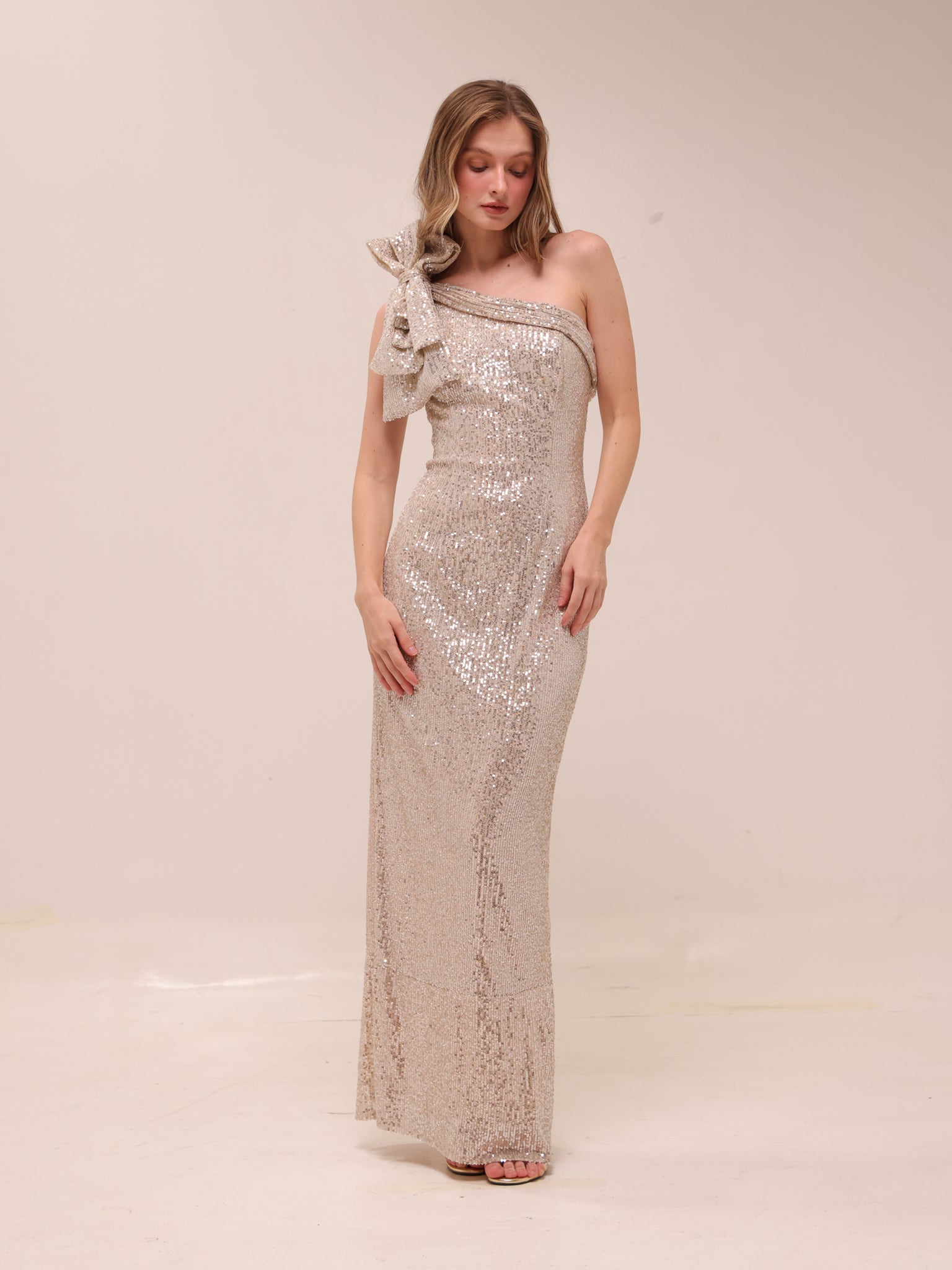 Sequined Bow One Shoulder Gown