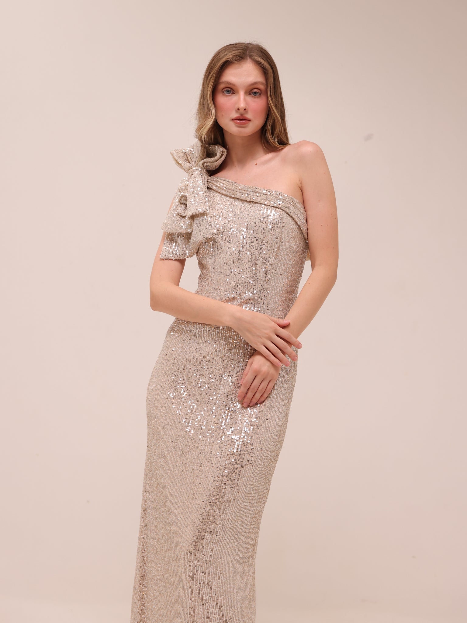 Sequined Bow One Shoulder Gown