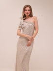 Sequined Bow One Shoulder Gown