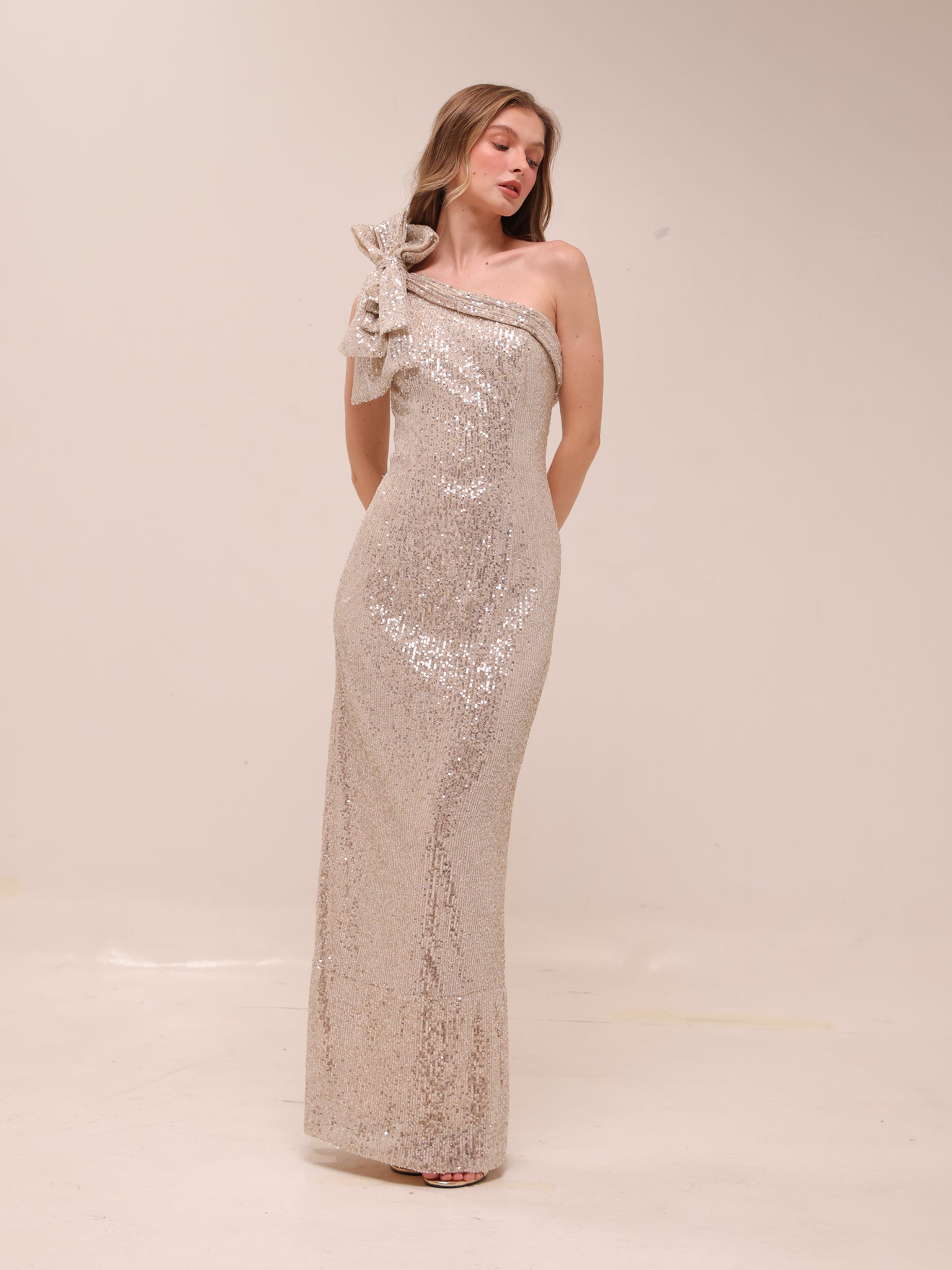 Sequined Bow One Shoulder Gown