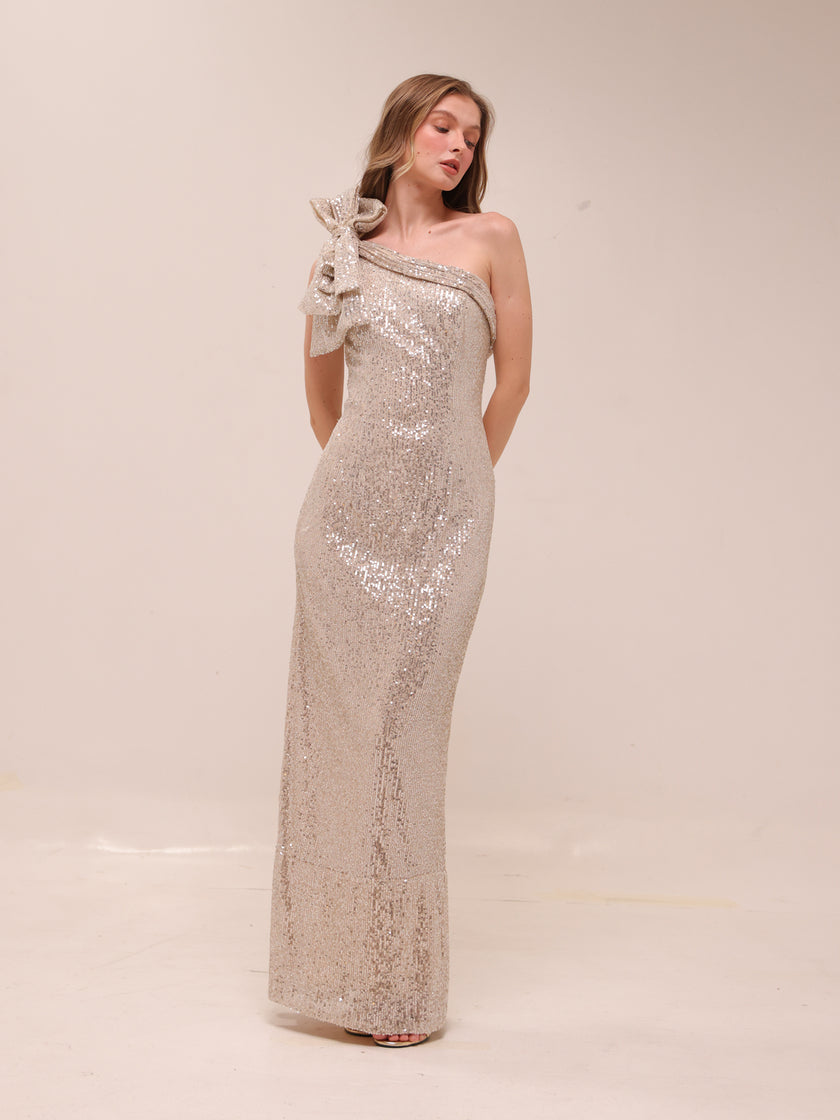 Sequined Bow One Shoulder Gown