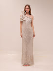 Sequined Bow One Shoulder Gown