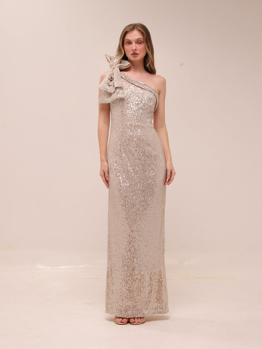 Sequined Bow One Shoulder Gown