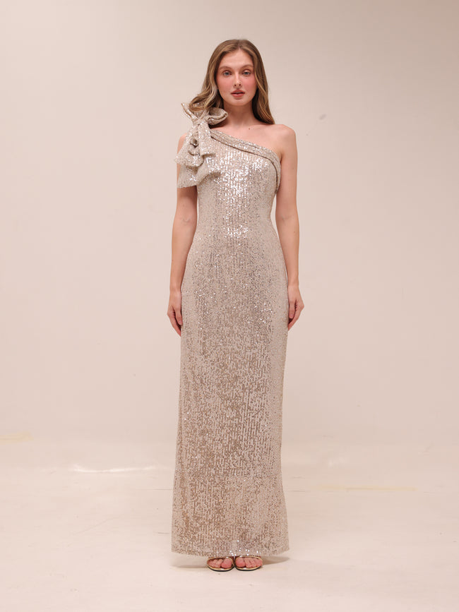 Sequined Bow One Shoulder Gown