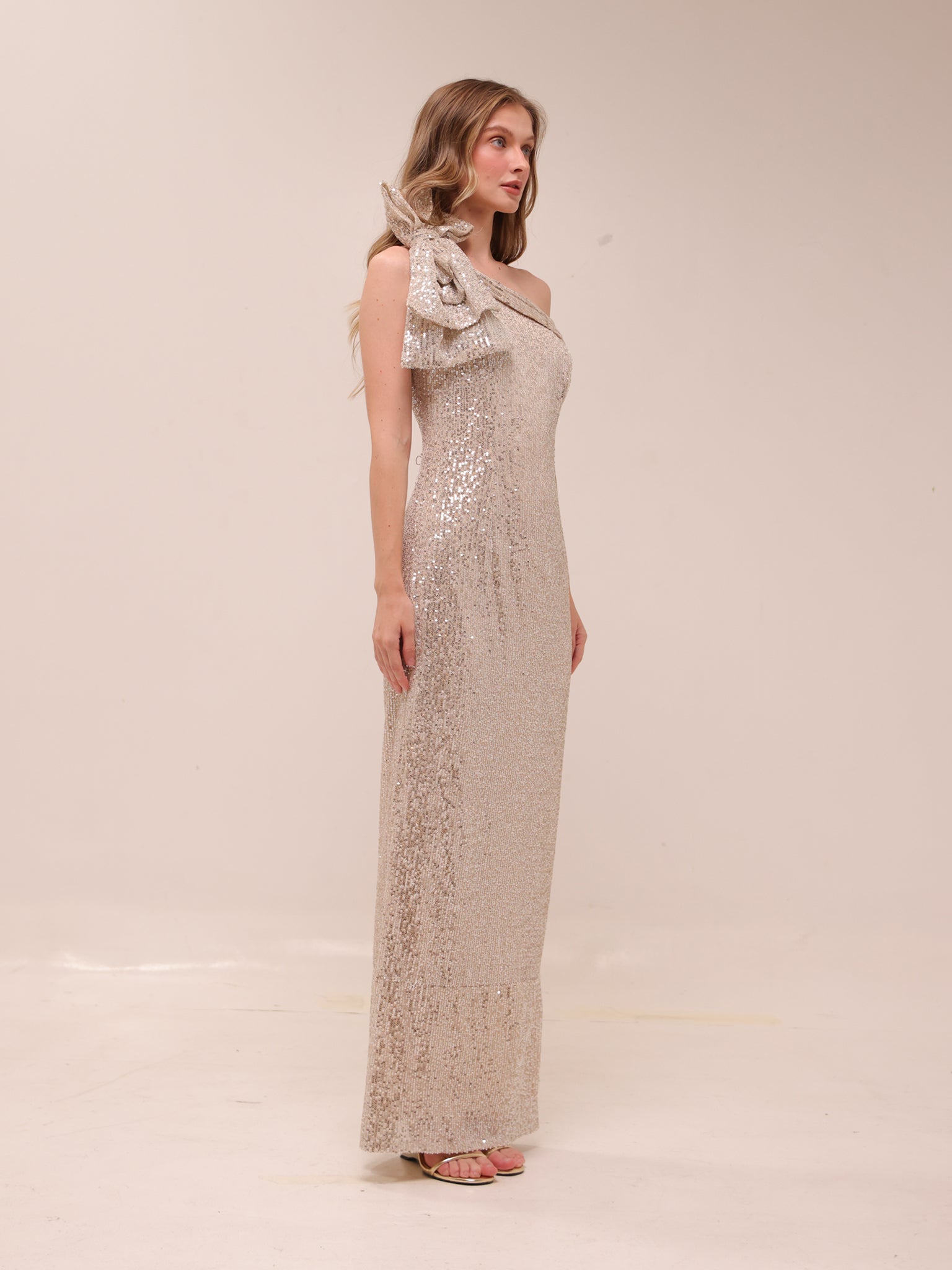 Sequined Bow One Shoulder Gown