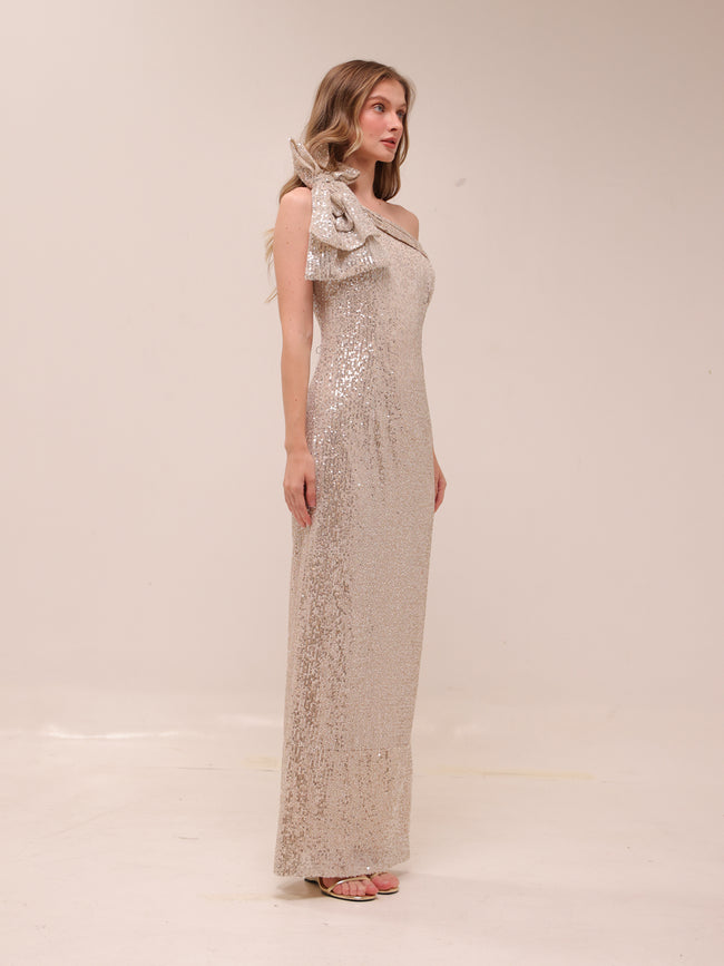 Sequined Bow One Shoulder Gown