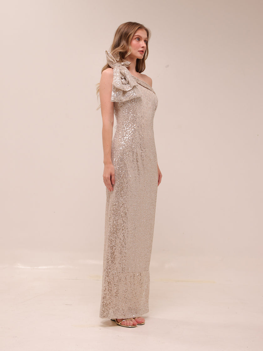 Sequined Bow One Shoulder Gown