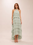 Dot Mesh Ruffle Halter Neck Ankle Dress