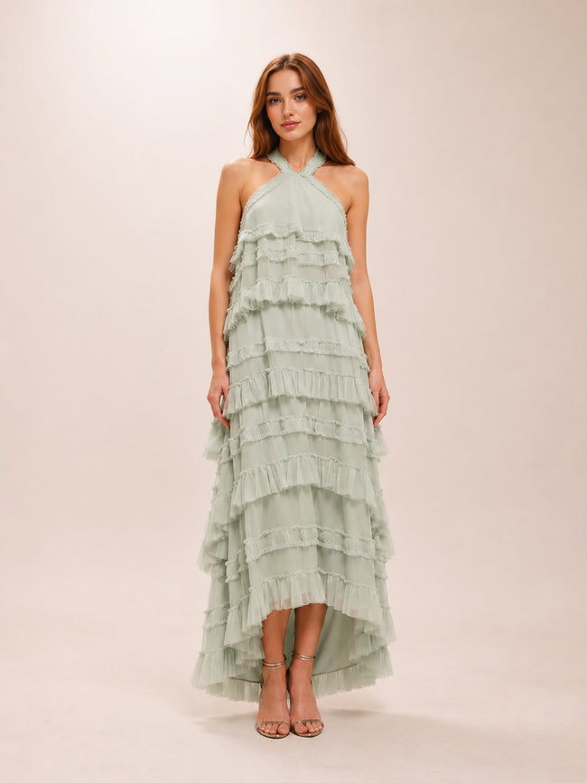 Dot Mesh Ruffle Halter Neck Ankle Dress