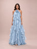 Blue Halter Neck Open Back Trapeze Ruffle Gown