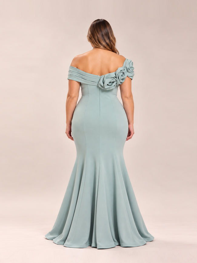 Crepe Gown with 3D Flower Detail in Sage