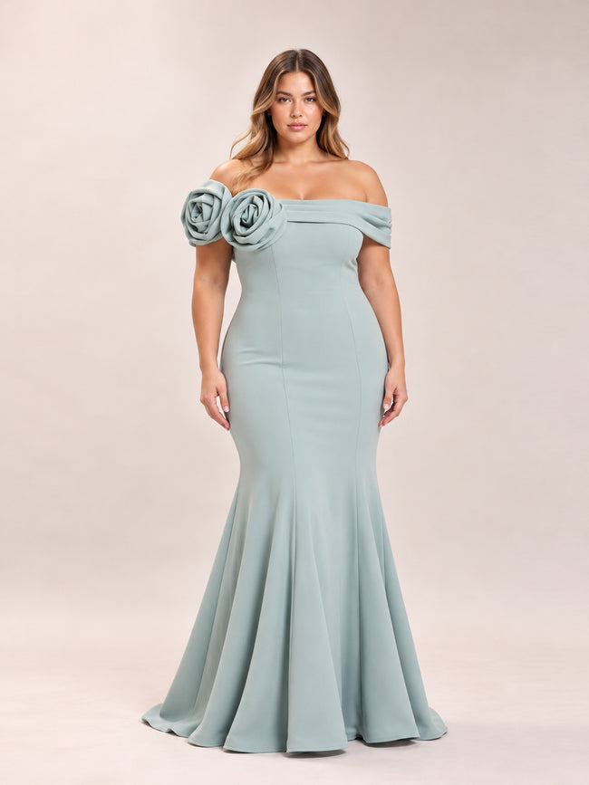 Crepe Gown with 3D Flower Detail in Sage