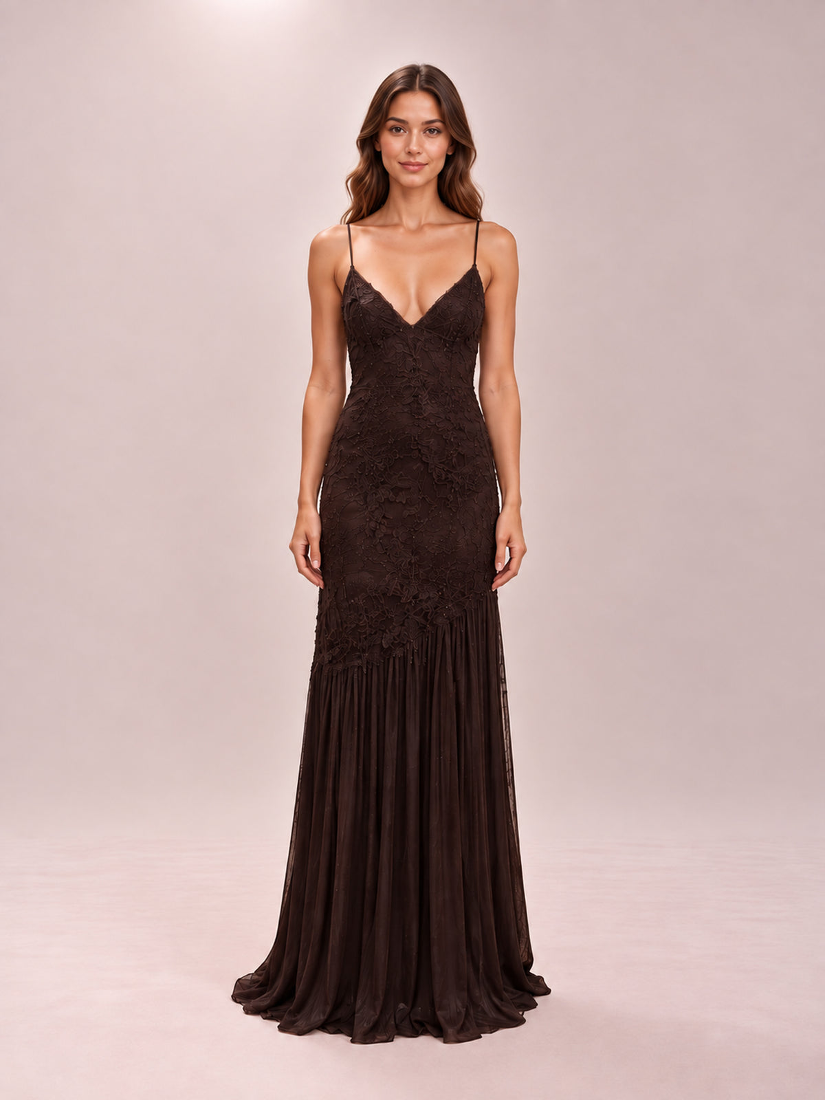 Dark Brown Lace Slip Maxi Dress