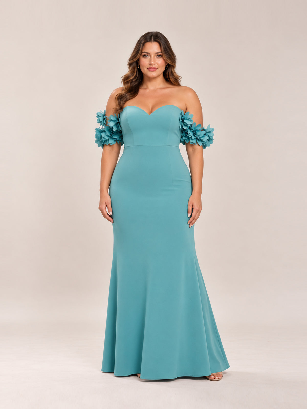 Teal Crepe Off The Shoulder Gown With 3D Flowers