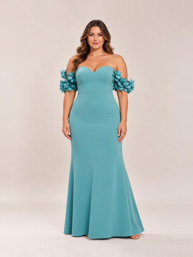 Teal Crepe Off The Shoulder Gown With 3D Flowers