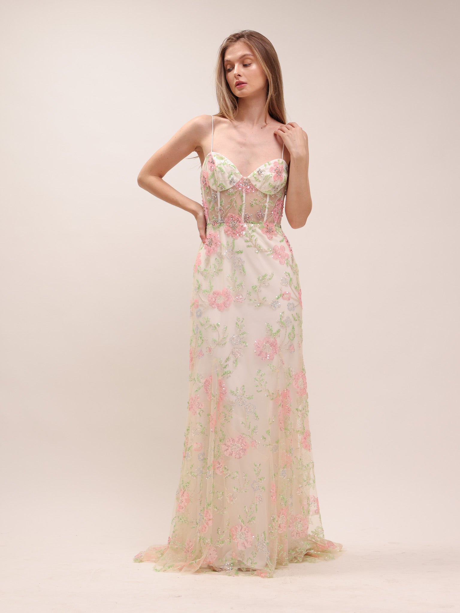 Women's Corset Seamed Mesh Evening Dress