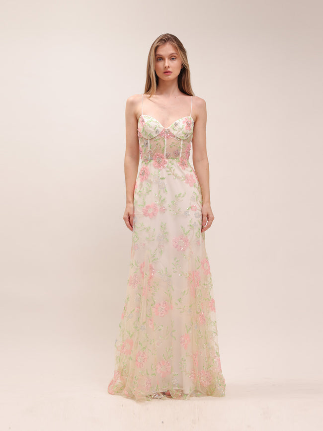 Women's Corset Seamed Mesh Evening Dress
