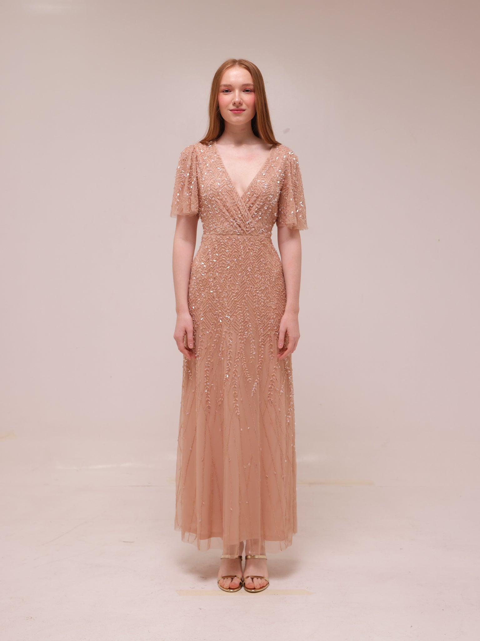 Champagne Sequin Flutter Sleeve Gown