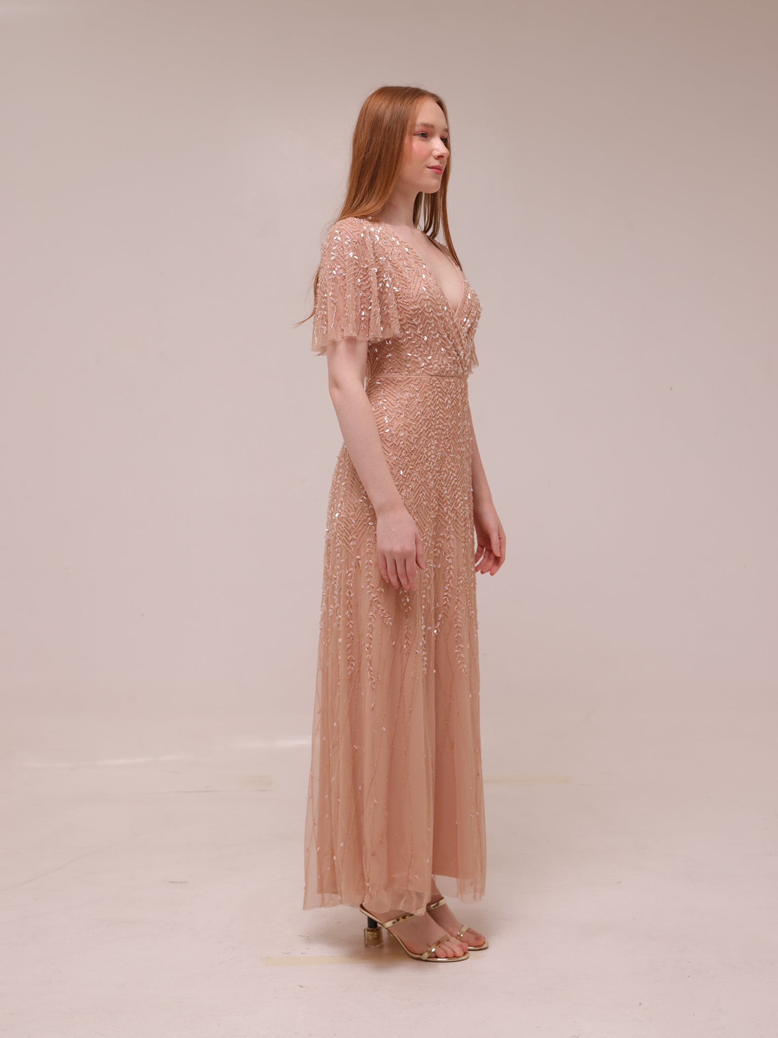 Champagne Beaded Blouson Gown