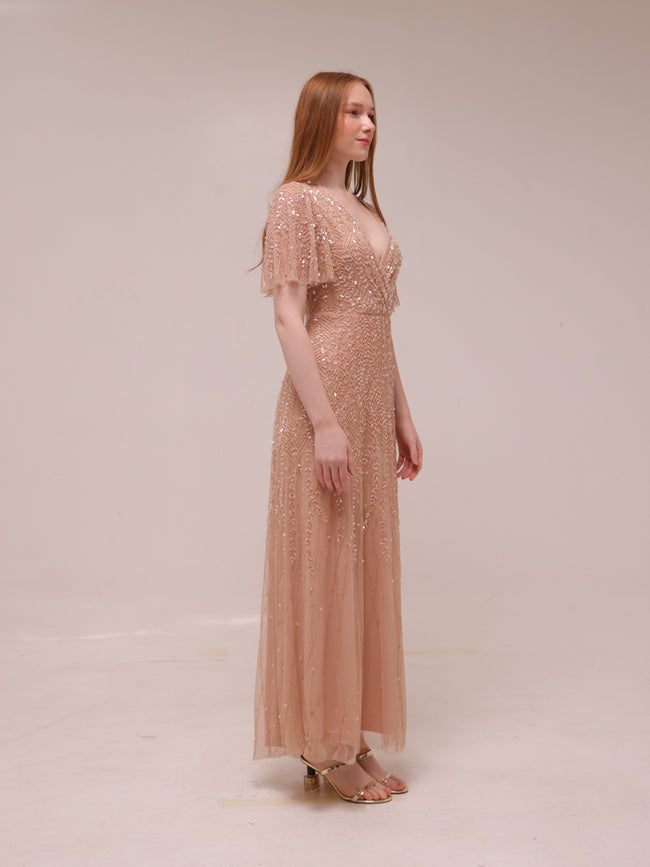Champagne Beaded Blouson Gown