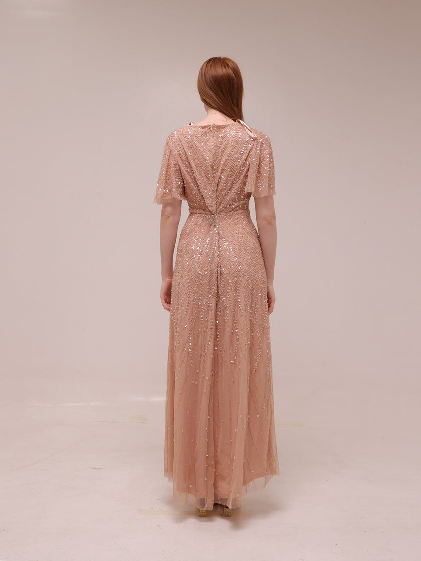 Champagne Sequin Flutter Sleeve Gown