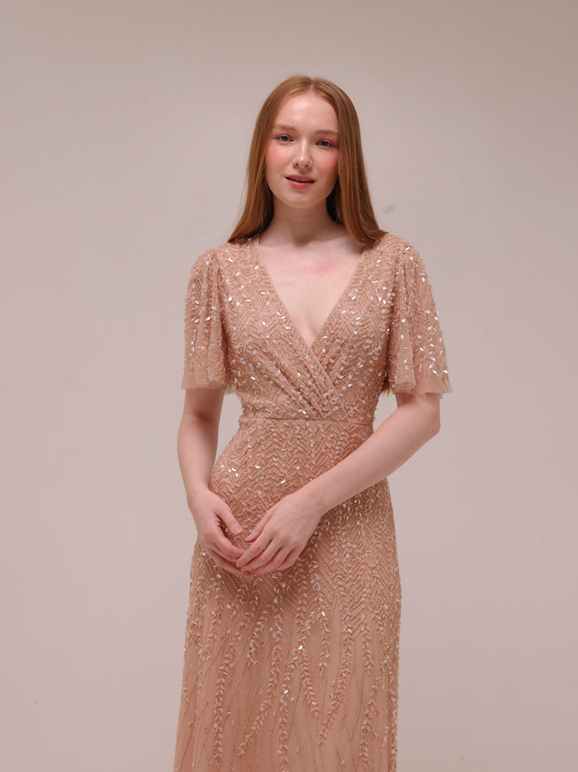 Champagne Sequin Flutter Sleeve Gown
