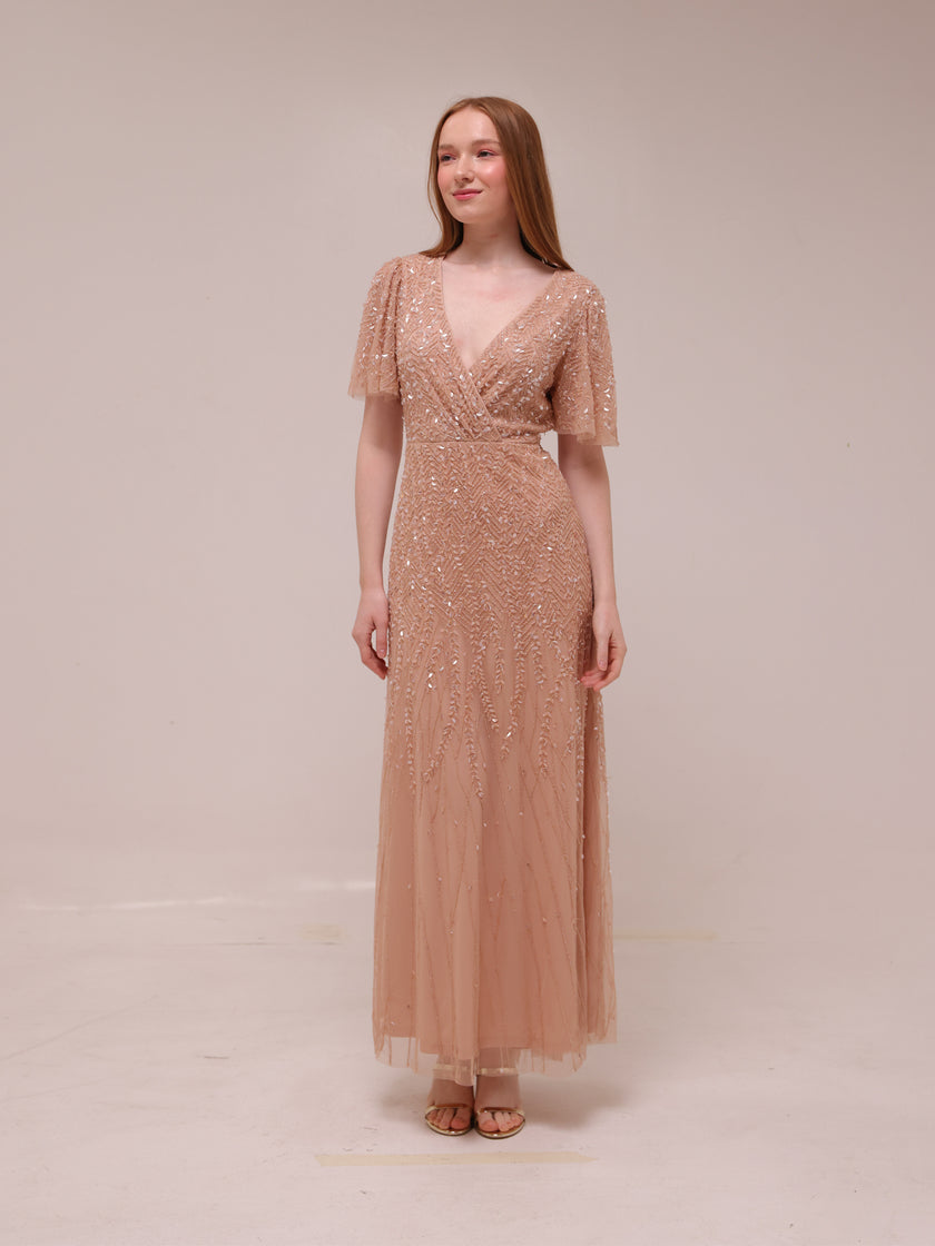 Champagne Sequin Flutter Sleeve Gown