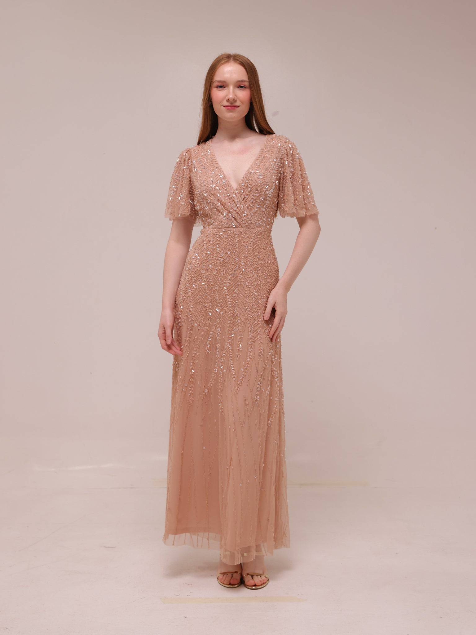 Champagne Sequin Flutter Sleeve Gown