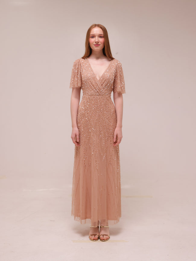 Champagne Sequin Flutter Sleeve Gown