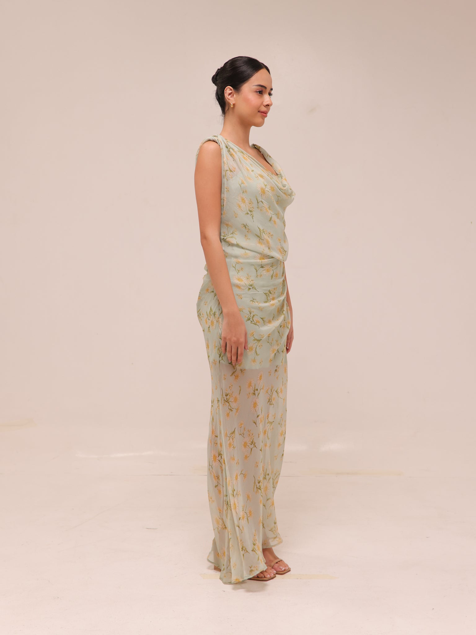 Semi-transparent Floral-Print Draped Dress