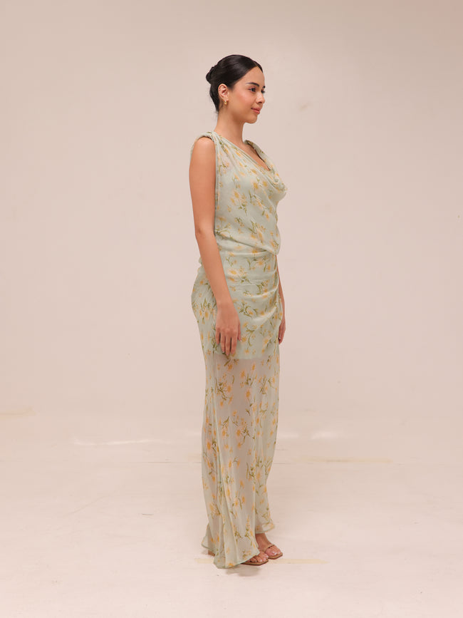 Semi-transparent Floral-Print Draped Dress