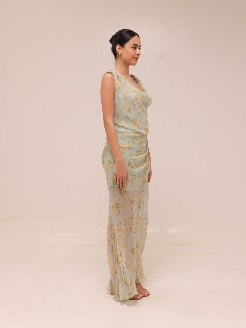 Semi-transparent Floral-Print Draped Dress