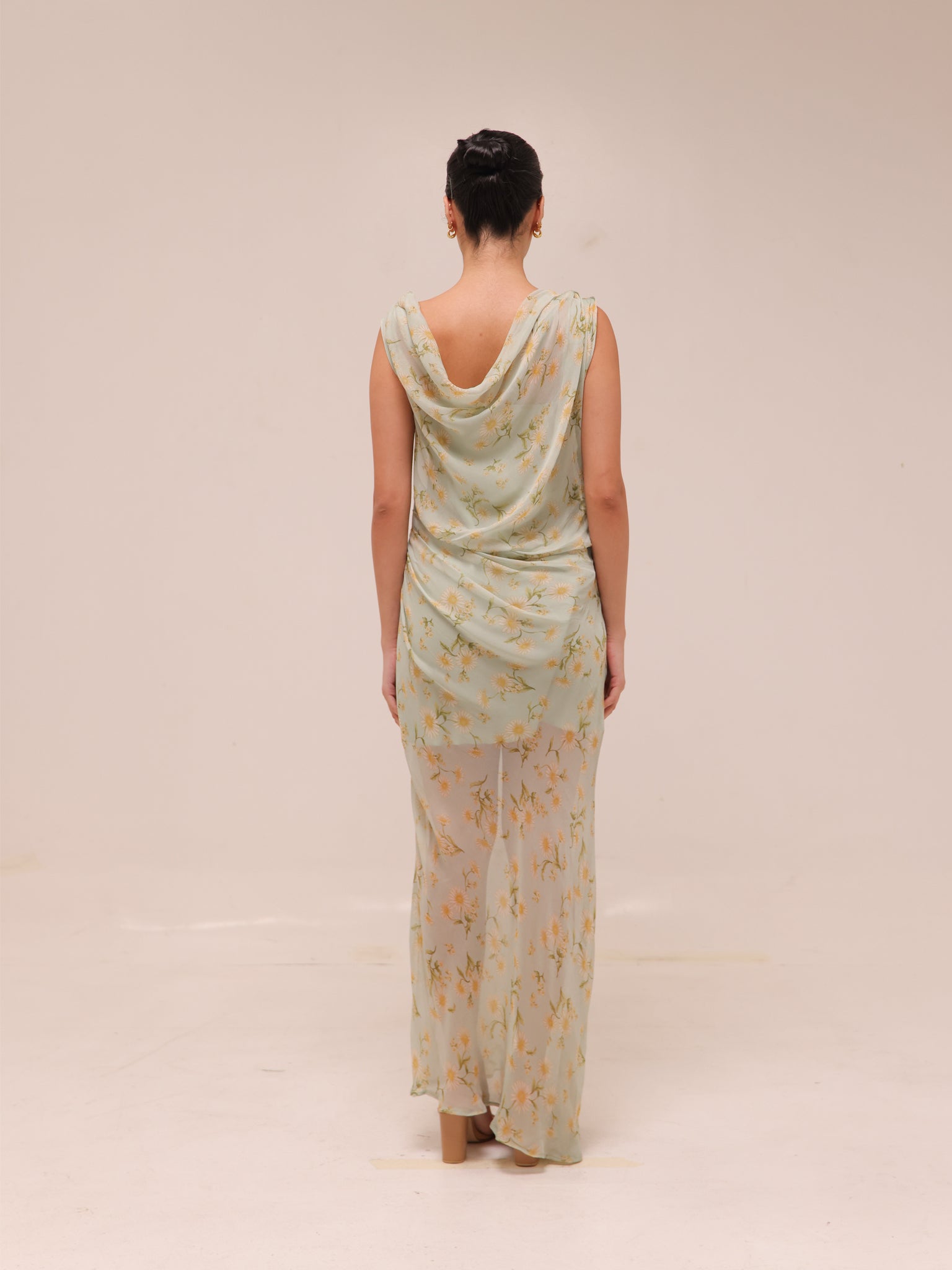 Semi-transparent Floral-Print Draped Dress
