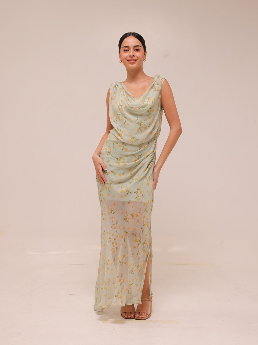 Semi-transparent Floral-Print Draped Dress