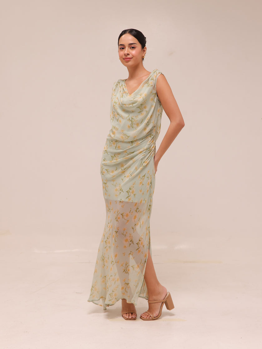 Semi-transparent Floral-Print Draped Dress