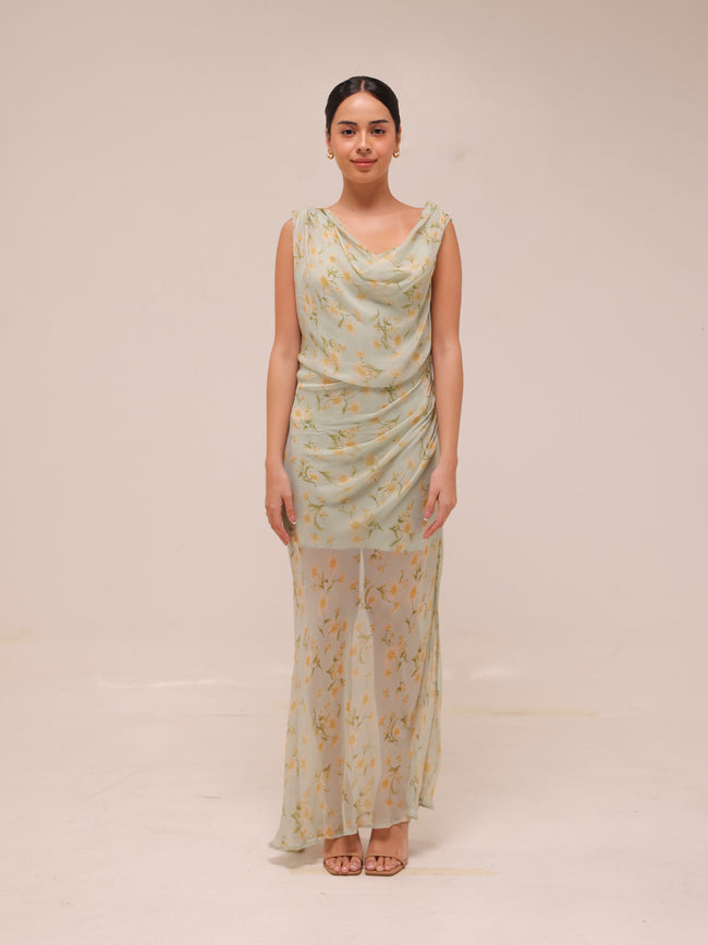 Semi-transparent Floral-Print Draped Dress