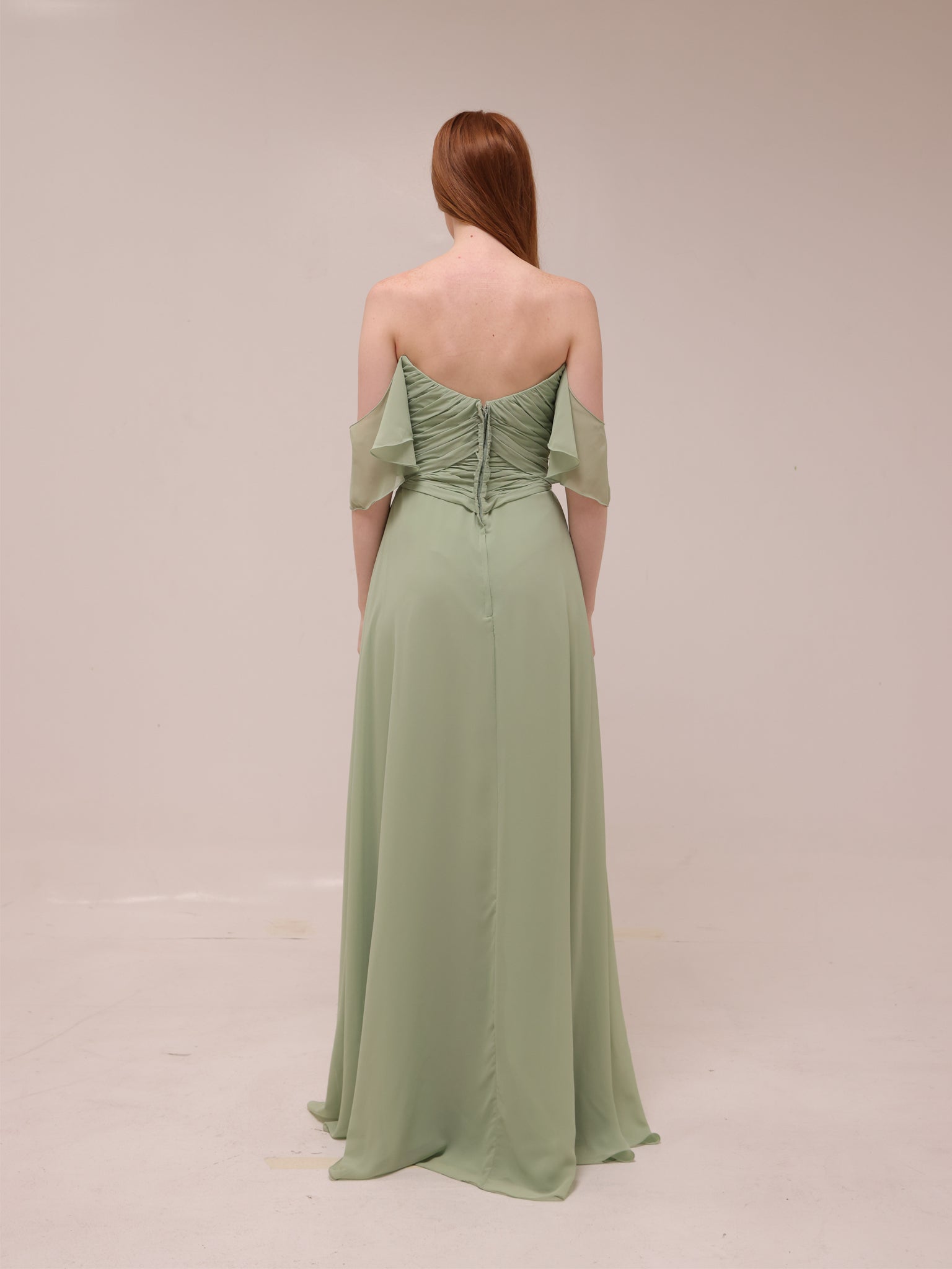 Off-Shoulder Draped Chiffon Gown
