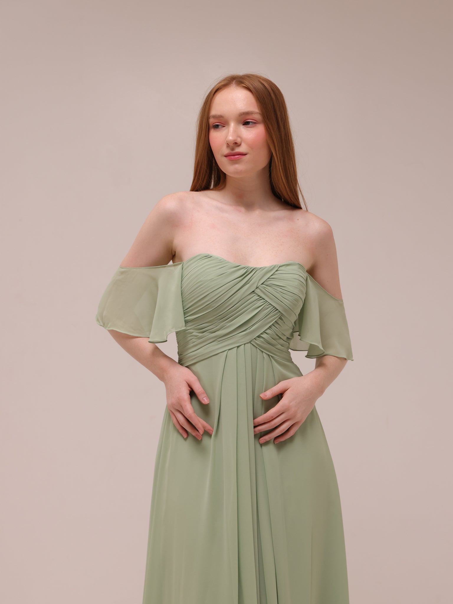 Off-Shoulder Draped Chiffon Gown