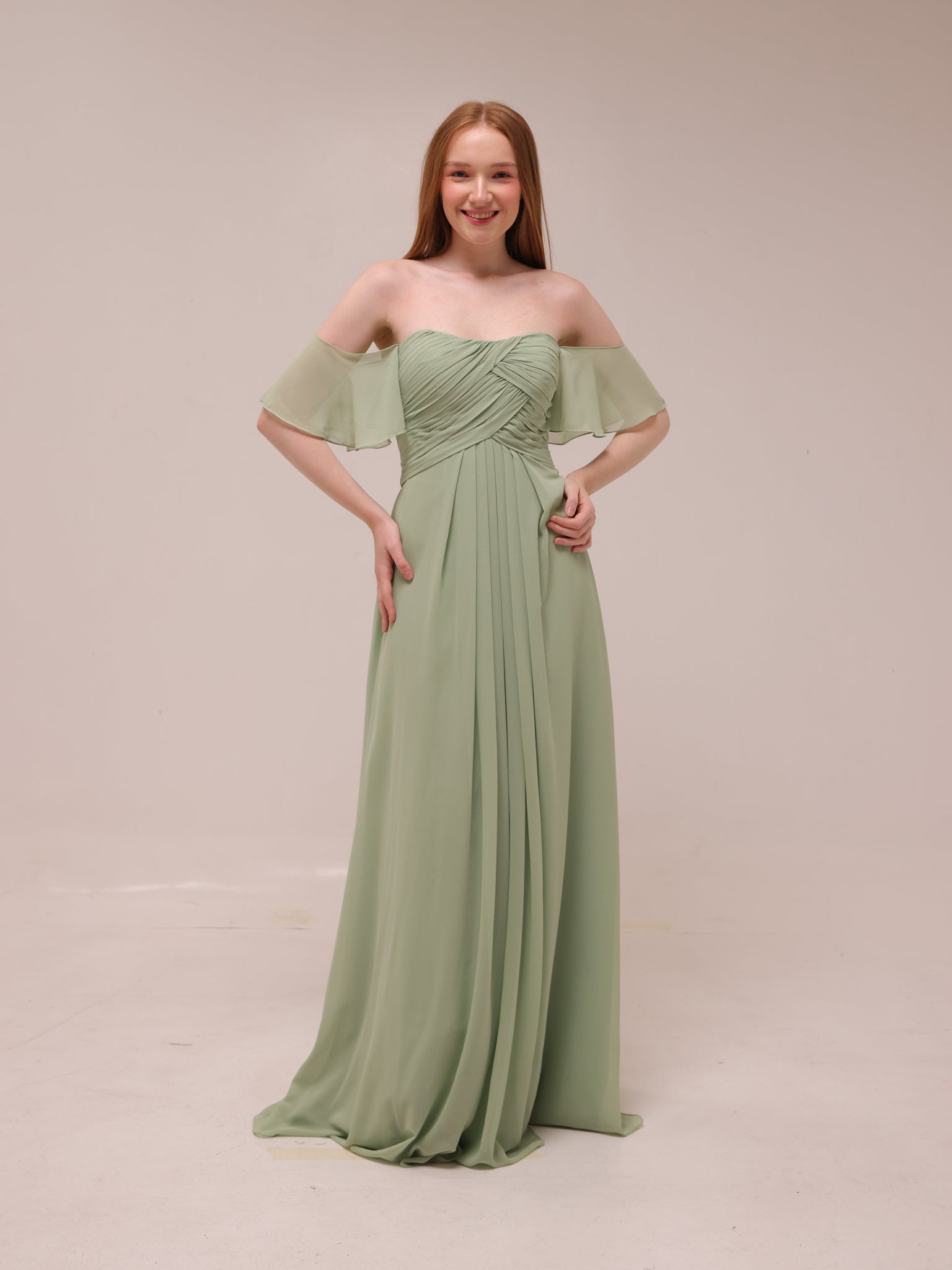 Off-Shoulder Draped Chiffon Gown