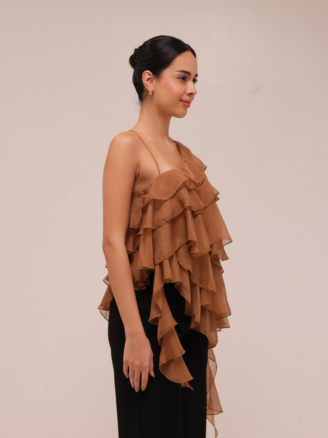 Ripple Ruffle Top in Brown